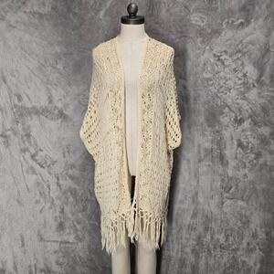 Blu Pepper Vintage Cream Open Knit Fringe Cardigan Kimono Womens L Boho Festival